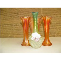 Lot of 4 vases: 3 Marigold carnival glass and 1 green art glass vase (194)