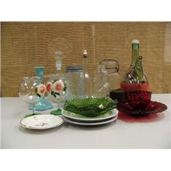 Collection of Mason fruit jar 1858, ruby red glass, green glass, blue opalescent candle stick, crank