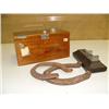 Image 1 : Cigar box with horse shoes and measuring devise for gloves (194)