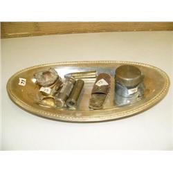 Lot of: Silver plated tray with small ornate Victorian jewel box, match safe, bullet, tire pressure 
