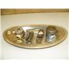 Image 1 : Lot of: Silver plated tray with small ornate Victorian jewel box, match safe, bullet, tire pressure 