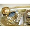 Image 2 : Lot of: Silver plated tray with small ornate Victorian jewel box, match safe, bullet, tire pressure 