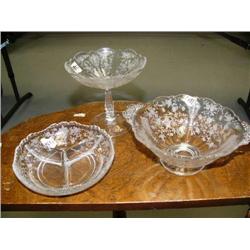 CHOICE on 8 sets of Cambridge Rosepoint Glass wear: 3 serving dishes: 3 part relish dish 3500/69, 2 