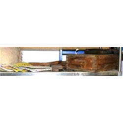 Lot of license plates, wood tools, old note pad wood box (2)