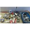 Image 1 : Storage Tub Full of Electrical Thermostats, Boxes, Switches, Plugs, 