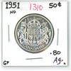 Image 1 : 1951 ND canadian silver half- dollar (GF-.80 AG)