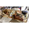 Image 1 : SHELF OF ASSORTED ITEMS INCLUDING; FIRST NATIONS DRUMS, VINTAGE TELEPHONE, LIGHT FIXTURE & MORE