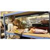 Image 1 : SHELF OF ASSORTED ITEMS INCLUDING; STUFFED ANIMALS, VINTAGE BADMINTON RACKET & DOLLS
