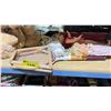 Image 3 : SHELF OF ASSORTED ITEMS INCLUDING; STUFFED ANIMALS, VINTAGE BADMINTON RACKET & DOLLS
