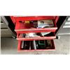 Image 2 : 2 TIER PORTABLE TOOLBOX WITH ASSORTED TOOL CONTENTS INCLUDING; RATCHET BITS, DRILL BITS, HOLE SAW