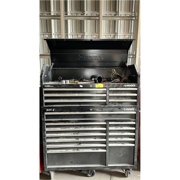 HUSKY PORTABLE TOOLBOX WITH ASSORTED TOOL CONTENTS INCLUDING; BOLT CUTTERS, PIPE WRENCHES, DRILL