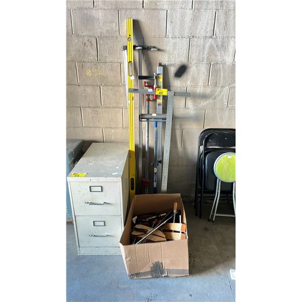 LOT OF ASSORTED TOOLS INCLUDING; CLAMPS, SQUARE, LEVEL & MORE