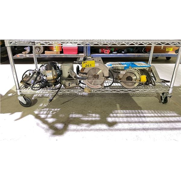 SHELF OF ASSORTED TOOLS INCLUDING; CIRCULAR SAWS, BELT SANDER, HAMMER DRILL & MORE