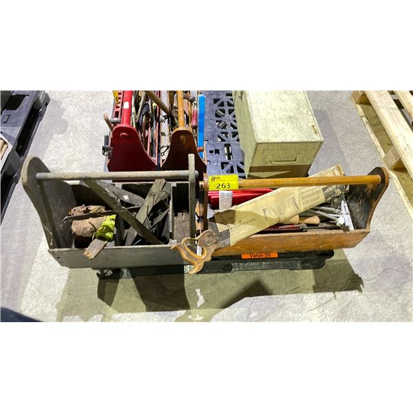 2 TOOLBOXES WITH ASSORTED TOOL CONTENTS INCLUDING; HAND SAW, AXE, HAMMER & MORE
