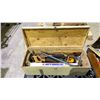 Image 1 : TOOLBOX WITH ASSORTED TOOL CONTENTS INCLUDING; HAND SAWS, FRAMING CLAMP, HATCHET & MORE