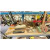 Image 2 : SHELF OF ASSORTED TOOLS INCLUDING; ANTIQUE HAND DRILL, ANTIQUE HANDSAW, MALLET & MORE