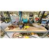 Image 1 : SHELF OF ASSORTED TOOLS INCLUDING; HANDSAWS, BENCH VISES, MINI HAMMER & MORE