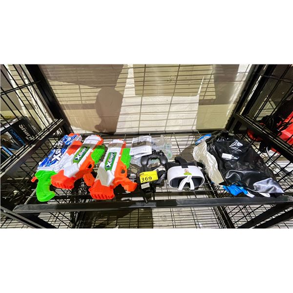SHELF LOT OF ASSORTED ITEMS INCLUDING; ZURU X SHOTS, ASC-2680 VIDEO DRONE AND MORE *MAY BE MISSING