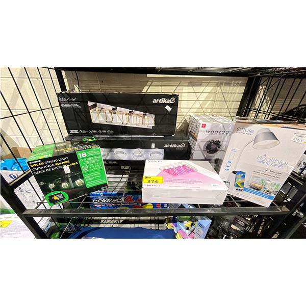 SHELF LOT OF SOLAR OUTDOOR LIGHTING, ARTIKA BUBBLE CUBE LIGHTS AND MORE
