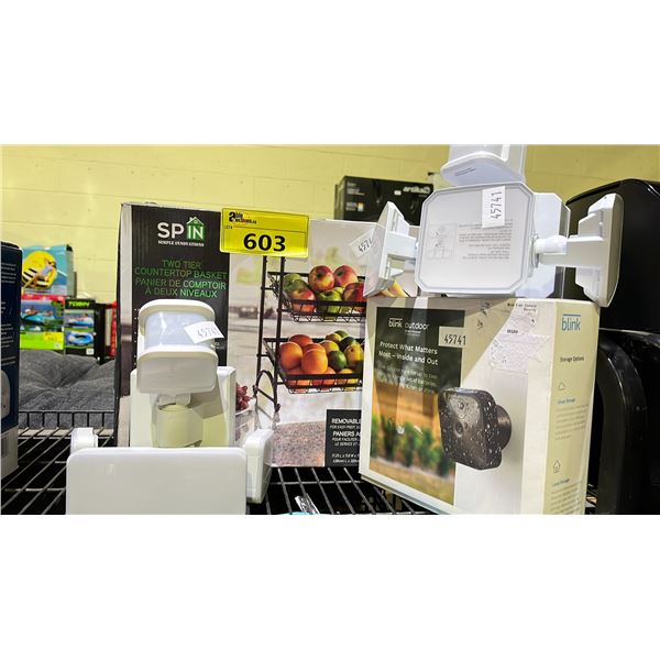 LOT OF ASSORTED ITEMS INCLUDING; BLINK OUTDOOR BATTERY POWERED SECURITY CAMERA, SPIN 2 TIER