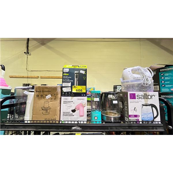 SHELF LOT OF ASSORTED ITEMS INCLUDING; THERMO FLASK WATER BOTTLE, BLENDJET, SALTON CORDLESS
