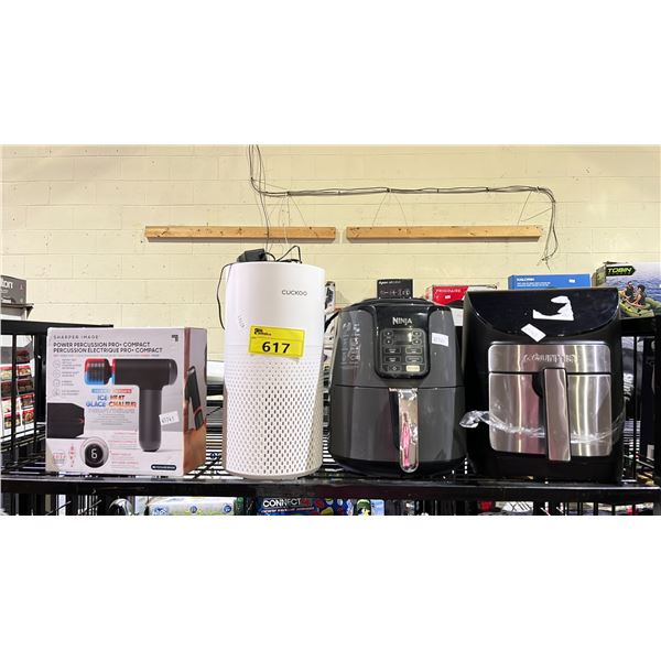 SHELF LOT OF ASSORTED ITEMS INCLUDING; NINJA AIR FRYER, GOURMIA AIR FRYER, SHARPER IMAGE POWER