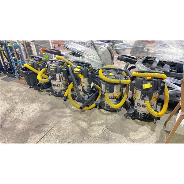 5 DEWALT WET/DRY VACUUMS (UNKNOWN WORKING CONDITION, MAY BE MISSING PIECES)