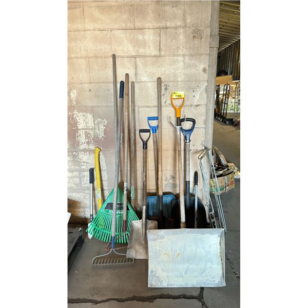 LOT OF ASSORTED TOOLS INCLUDING; SHOVELS, RAKES, FIRE AXE & MORE