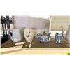 Image 2 : 2 SHELVES OF ASSORTED ITEMS INCLUDING; BONE CHINA TEA CUPS, CAT FIGURE, TEAPOTS & MORE