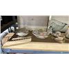 Image 4 : 2 SHELVES OF ASSORTED ITEMS INCLUDING; BONE CHINA TEA CUPS, CAT FIGURE, TEAPOTS & MORE