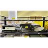 Image 1 : SHELF OF ASSORTED ITEMS INCLUDING; HP PRINTER, PROPANE PIZZA OVEN, LIGHT FIXTURE & MORE