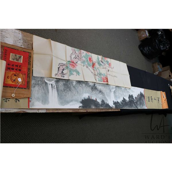 Fire wax stamped ink on paper long scroll, 20th century, painted image 70" flanked by script, and a 