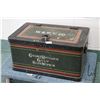 Image 1 : Antique metal strong box with hinged lid and heavy handles. Handpainted signage reads "Goldie & McCu