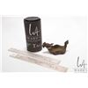 Image 1 : White metal scroll weights and a bronze dragon tea holder