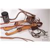 Image 2 : Selection of vintage collectibles including braided leather whip, two leather riding crops, and a pa