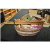 Image 2 : Basket full of needle works tools including vintage wooden spools, looms shuttle, turning tools, ski