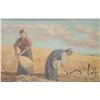 Image 2 : Framed acrylic on canvas painting of wheat cutters, signed by artist de Wilden '52, 12" X 17"