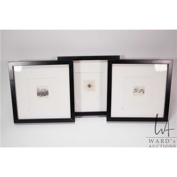 Three framed limited edition Thelma Manary etched prints including Geese, 6/50, Bush #3 46/75, and S