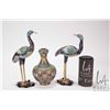 Image 1 : Pair of 10" cloisonne cranes and a small baluster vase