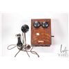 Image 1 : Vintage Northern Electric hand crank telephone with oak wall mount piece connected to chrome candles