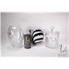 Image 1 : Two pieces of crystal including biscuit barrel and 9" high vase, cased glass bowl
