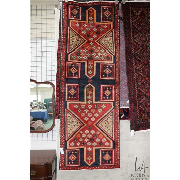 100% handmade Iranian wool carpet runner "Ardebil" with double medallion, red and blue background an