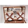 Image 2 : Woven wicker picnic basket fitted for four including sandwich plates, cups and cutlery, appears unus