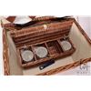 Image 3 : Woven wicker picnic basket fitted for four including sandwich plates, cups and cutlery, appears unus