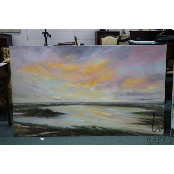 Stretcher framed acrylic on canvas painting, titled on verso "Elk Island Sunset" signed by artist Ri