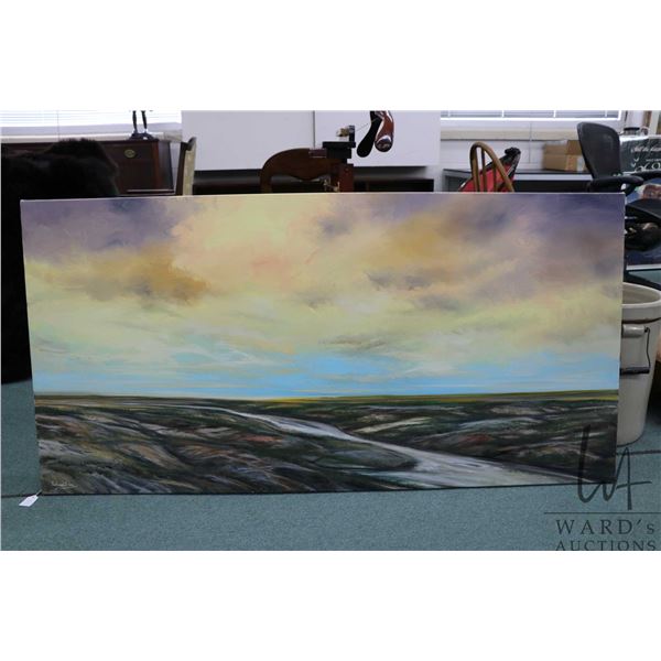 Stretcher framed acrylic on canvas big sky landscape, signed by artist Richard Dixon, 30" X 60"