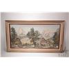 Image 1 : Framed tapestry featuring Swiss mountain chalets, outside dimension 24" X 42". Note: Artwork and fra