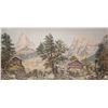 Image 2 : Framed tapestry featuring Swiss mountain chalets, outside dimension 24" X 42". Note: Artwork and fra