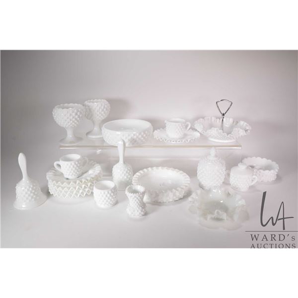 Two trays of hobnail milk glass including pair of footed flower bowls, ruffled candy dish, two lidde