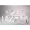 Image 1 : Two trays of hobnail milk glass including pair of footed flower bowls, ruffled candy dish, two lidde